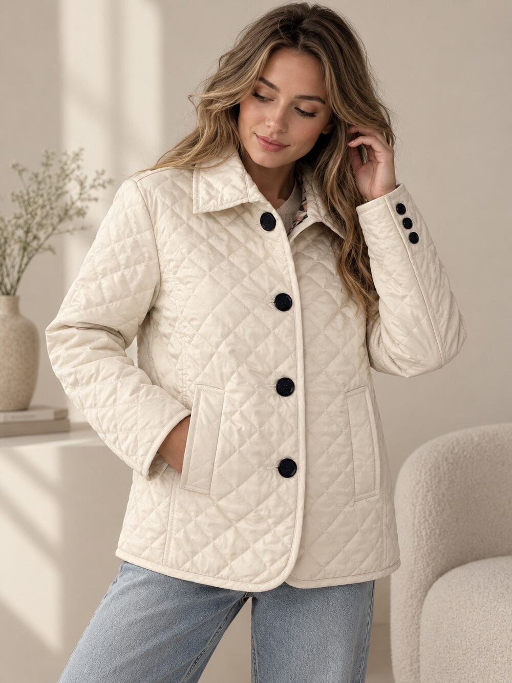 Women’s Cream Ivory Quilted Jacket Plaid Lined Lightweight Coat (US- S/M)
